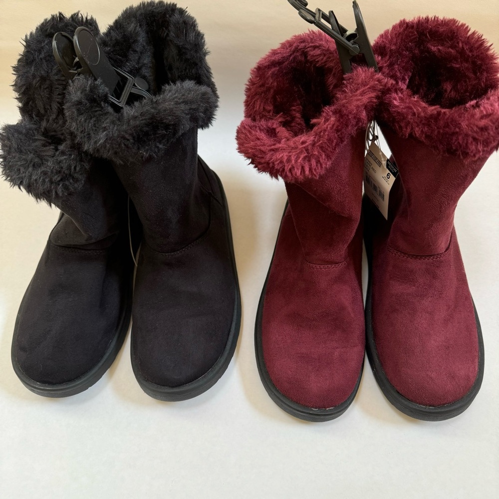 JOE BOXER Bundle (2) Pairs Black and Dark Red Fur Lined Faux Suede Slip On Boots